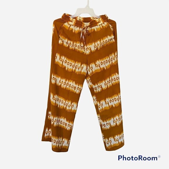 𝅺H&M Tie Dye Mustard Yellow Casual Loose Palazzo Boho Wide Leg Pants. Size 12 - Picture 1 of 3